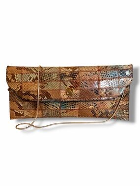 Sanes snakeskin python exotic leather handbag clutch removable gold chain strap
